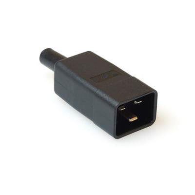Sort 3-polet C20 han-apparatstik til 250V og 16A med synlige skrueterminaler på hvid baggrund.