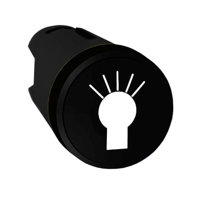 Sort plan trykknap fra Schneider Electric, Harmony XB5 serie, med hvid lampe symbol og sort bagmontering.