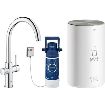 GROHE Red II Duo køkkenarmatur i krom med C-tud, filter og hvid L-kedel til kogende vand.