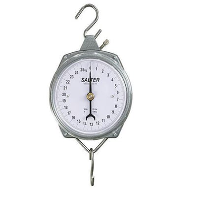 Salter 235-6M hængevægt med metalhus, 5 kg kapacitet og tydelig urskive med skala fra 0-25 kg.