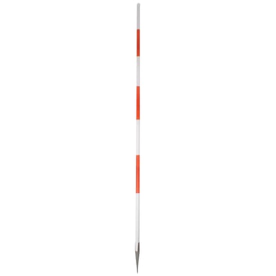 Fuld længde af Finodan landmålestok i træ, 160 cm, med stålspids og den karakteristiske rød-hvide markering.