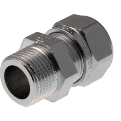 VSH kompressions overgang med 1/2" gevind og 10mm nippel i forkromet messing på hvid baggrund.