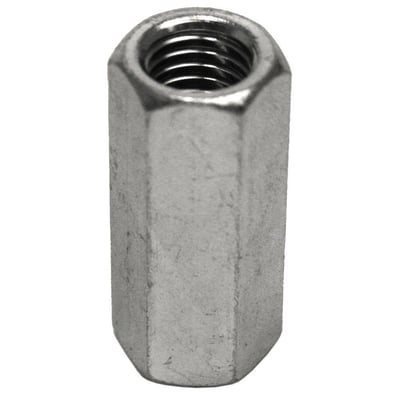 Nærbillede af elgalvaniseret 6-kant gevindmuffe, M20, viser tydeligt det indvendige metriske gevind og 50mm totallængde.