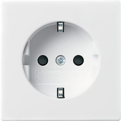 ABB B55 afdekning til stikkontakt i blank hvid 9010, med tydeligt synligt Busch-Jaeger logo på en ren hvid baggrund.