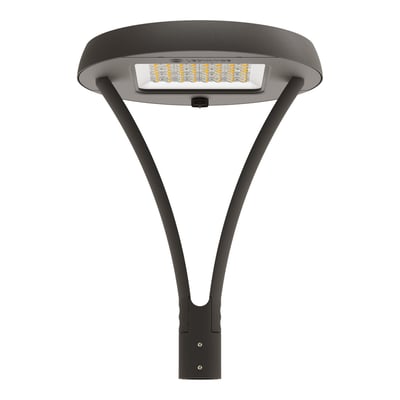 Gråt Ledvance Urban Flex Post-Top Y LED-mastearmatur på 60 W, set nedefra med lysdioderne synlige.