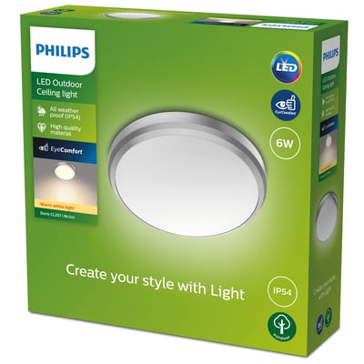 Philips Doris LED udendørs loftlampe i mat krom med 6W, 2700K varmt lys og IP44-klassificering.