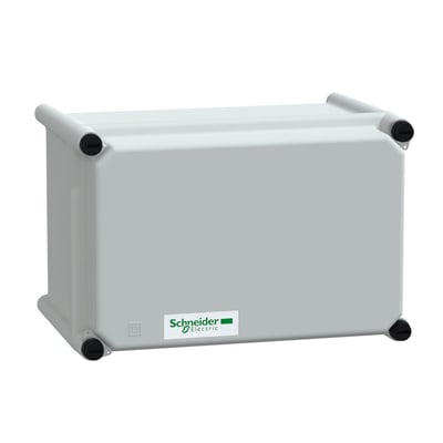 Detaljeret billede af Schneider Electric modulær kapsling i grå polyester, med synligt Schneider Electric logo og IP65-klassificering.