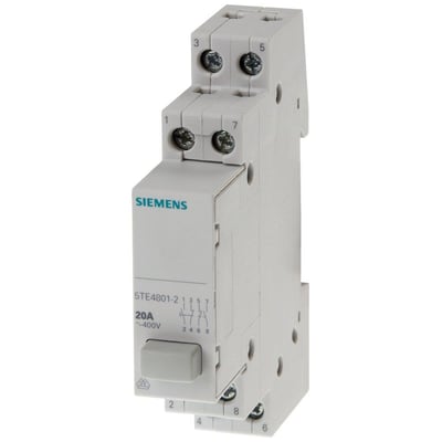 Siemens 5TE4 trykkontakt i grå plast med 2 NO 2 NC kontakter og en mærketekst på 20A ~400V.