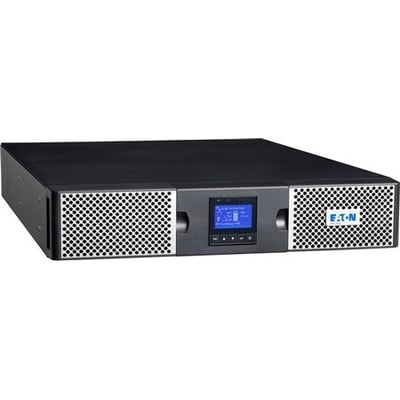 Eaton 9PX UPS på 3000 VA og 3000 W med sort rackkabinet, perforeret front, display og betjeningsknapper.