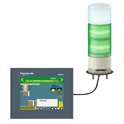 Schneider Electric lystårn Ø60 med 3 multifarvede enheder og direkte montering, forbundet til en Magelis HMI-kontrolenhed.