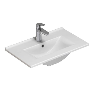 Dansani Amber Mini porcelænsvask i hvid, 61 cm bred, med krom armatur og overløb monteret.