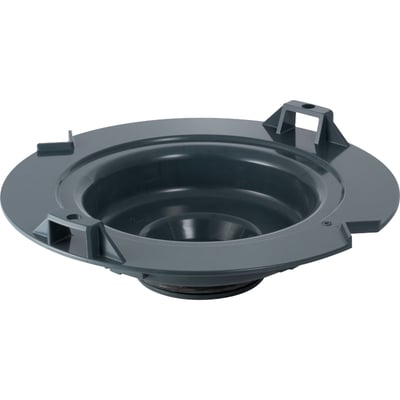 Geberit Pluvia indløbsdel i mørkegrå plast, vist fra siden på hvid baggrund, med synlige o-ringe i gummi.