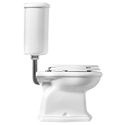 Lavabo Contea Retro gulvstående toilet i hvid med lav cisterne, synligt kromrør og toiletsæde.