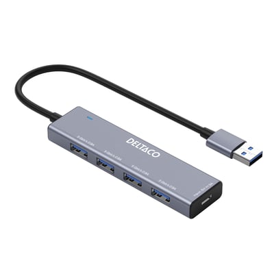 Deltaco USB-A hub i grå aluminium med fire USB 3.0 porte, tilsluttet et USB-A kabel og med angivelse af strøminput.