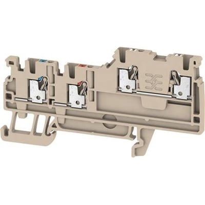 Detaljeret visning af Weidmüller signalklemme AIO21 1.5 SI, der viser den beige Wemid-konstruktion og dens interne push-in terminaler for ledere op til 1,5 mm².