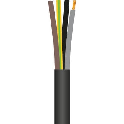 Gummikabel H07RN-F 4G1,5 mm² i sort med afisolerede ledere i brun, grøn/gul, sort og grå samt kobbertråde.