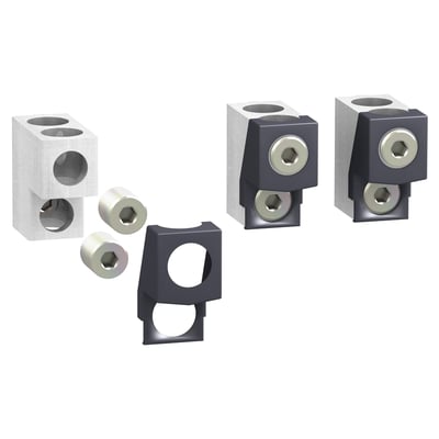 Schneider Electric klemmesæt til 35-300mm2 ledere, vist som tre separate klemmer og ekstra skruer og en beskyttelseshætte i grå plast.