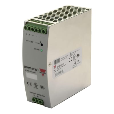 Carlo Gavazzi 10 A strømforsyning med skrueklemmer og 12 V DC-udgang, vist som sølvfarvet enhed med ventilationsgitter.