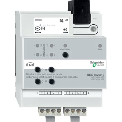 Schneider Electric persienne DIN 2X/10 med manuel betjening, monteret på DIN-skinne med tydelige knapper og LED-indikatorer.