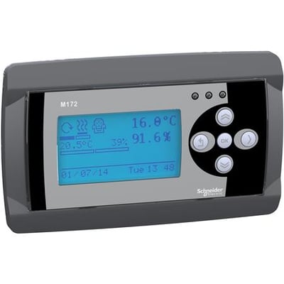 Schneider Electric M172 monokrome display med baggrundsbelyst LCD-skærm og 5 betjeningsknapper, viser temperatur og fugtighed.