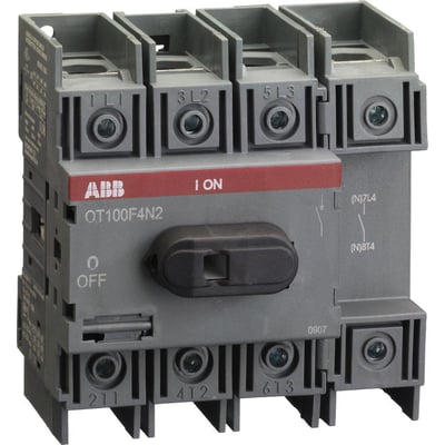 Detaljeret visning af ABB lastafbryder 125A, 4-polet, OT100F4N2, med indgraverede terminalbetegnelser og drejehåndtag i OFF position.