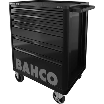 Bahco værktøjsvogn i sort, skråt set fra siden, fremviser 6 skuffer og et integreret håndtag på toppen.