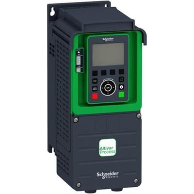 Schneider Electric Altivar Process ATV930 frekvensomformer på 3 kW, set skråt forfra med grønt betjeningspanel og display.