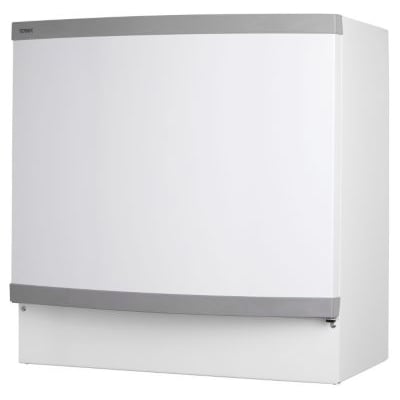 Gemina Termix kabinet i hvid med grå detaljer, Jacob Jensen Design, vist skråt forfra.