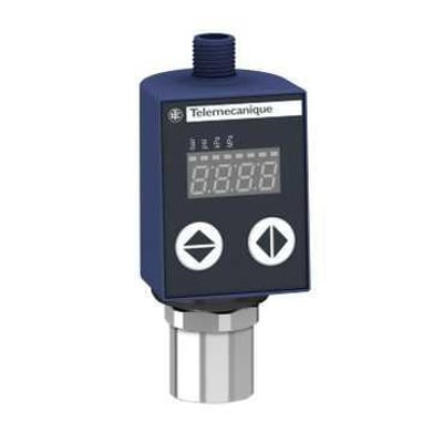 Schneider Electric XMLR pressostat med blåt kabinet og display, der viser trykmåling samt op- og ned-knapper.