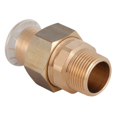 Geberit Mapress 28 mm forskruning i messing med muffe og udvendig gevind, hvid plastring ses.