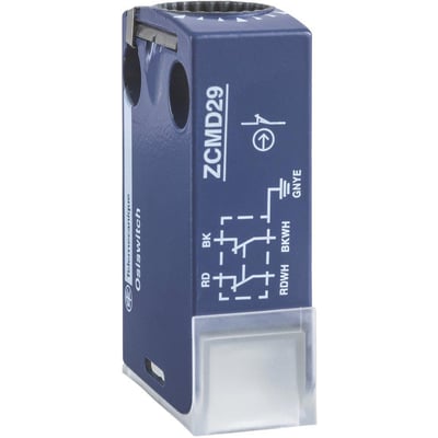 Detalje af Schneider Electric ZCMD21 endestop metalkrop, der viser ZCMD29 mærkning og elektriske symboler for 1NO+1NC kontakt.
