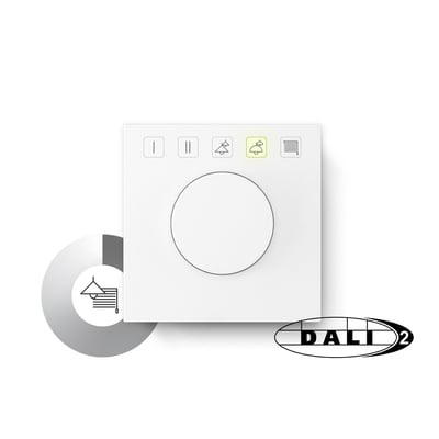 Jumitech DALI-2 potentiometer i hvid med drejeknap og fem funktionsknapper til grupper, scener og gardiner.