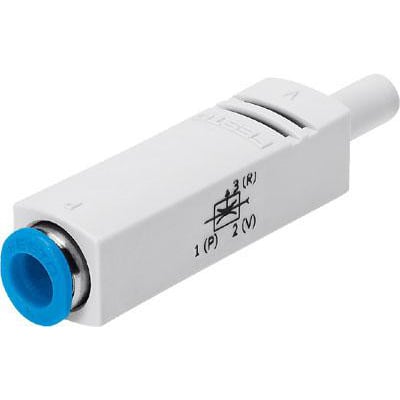 Festo vakuumejektor VN-05-M-I2-PQ1-VT1 i hvid plast, med symboler for trykluft og vakuum, klar til montering.