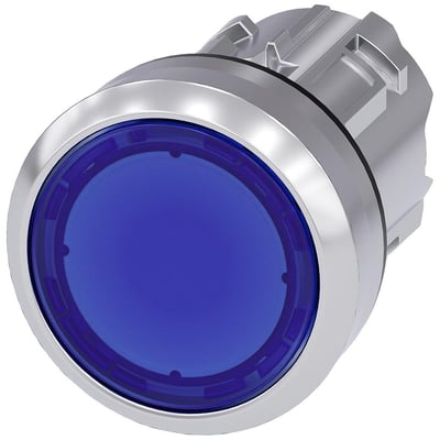 Siemens oplyst trykknap med blå, rund front og metalramme, 22mm diameter og flad betjening.