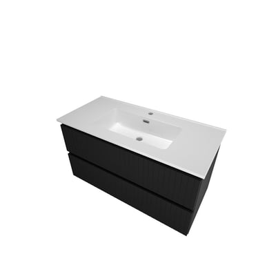 Sanibell Proline møbelsæt i matsort med 101 cm bredde og 2 softclose skuffer, vist med integreret porcelænsvask.