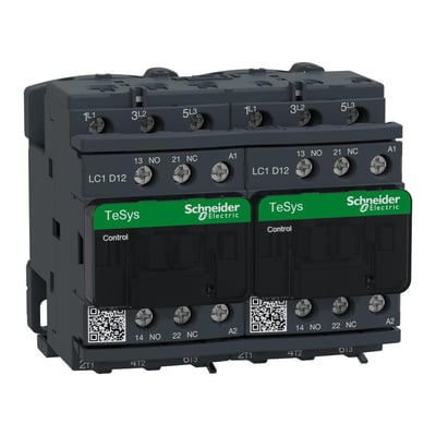 Schneider Electric TeSys D reverserende kontaktor 12A, 3-polet, med 110VAC spole og 2NO+2NC hjælpekontakter, fremstillet af mørkegrå plast.