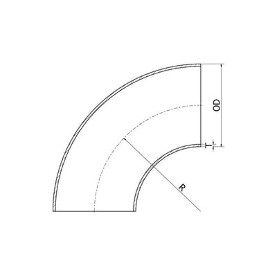 Teknisk tegning af en rustfri 90° svejsebøjning i 3D, 48,3 mm x 3,2 mm, 304L, med markering af OD og radius.