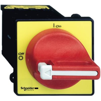 Schneider Electric sikkerhedsafbryder 20A, 3-polet, med rød/gul betjeningsknap og aflåsningsfunktion, vist på gul baggrund.