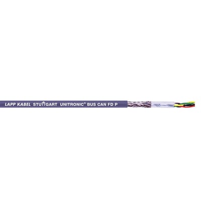 Lapp Unitronic Bus CAN FD P kabel med dimensionerne 1x2x0,5 på hvid baggrund, viser isolering og farvekodede ledere.