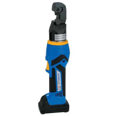 Klauke batteridrevet hydraulisk boltskærer med blåt og sort plasthus og gult greb til klipning af op til 12mm bolte.