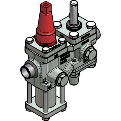 Danfoss ICF 15-4-8 ventilstation med 22 mm lodningstilslutning, stålhus og markant rød betjeningsknap.