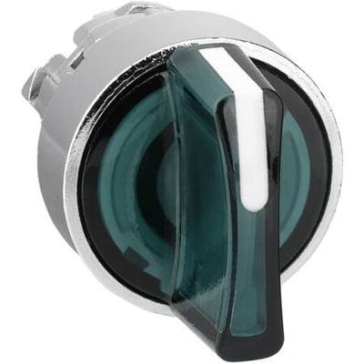 Schneider Electric drejegreb med lys i grøn, Harmony Style 4, 3 faste positioner, metal. Synlig kromring.