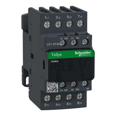 Schneider Electric TeSys D kontaktor LC1D40 med 4 poler, 40A og 110VAC spole, vist med skrueklemmer for tilslutning.