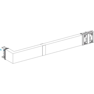 Schneider Electric Canalis vinkel 400A flad på mål med beslag, bredde 700-1200 mm og dybde 250 mm, vist i sort/hvid illustration.