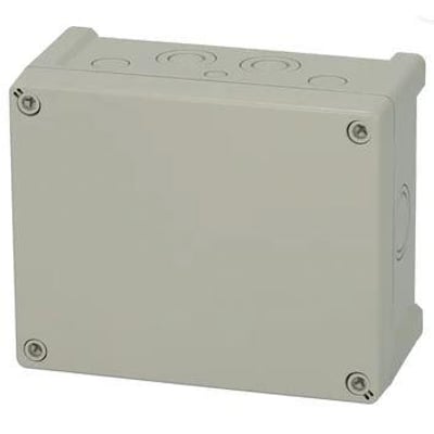Fibox Tempo TAM201610 kasse i grå ABS-plast med gråt dæksel, 201 x 163 x 98 mm, og fire synlige dækselskruer.