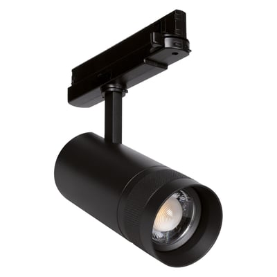 Sort LEDVANCE Tracklight Spot Zoom Dim-skinnespot med zoomlinse og 3-faset skinneadapter, set skråt forfra.