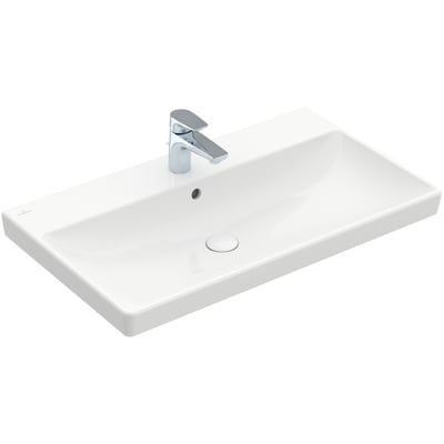 Hvid, firkantet Villeroy & Boch Avento møbelvask på 800 mm set skråt ovenfra med hanehul og overløb.