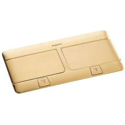 Legrand Popop 8 Modul i messingfarve, et planforsænket pop-up system med to låg og symboler for elektrisk forbindelse.