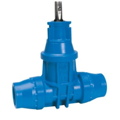 AVK 32 mm stikledningsventil i blå POM med trækfast indstiksmuffe og PN16 mærkning.