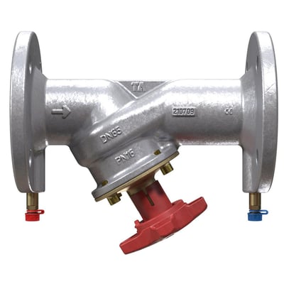 IMI STAF-SG DN 125 strengreguleringsventil med flange, fremstillet af SG-jern med tydelige målenipler og rød betjeningsknap.